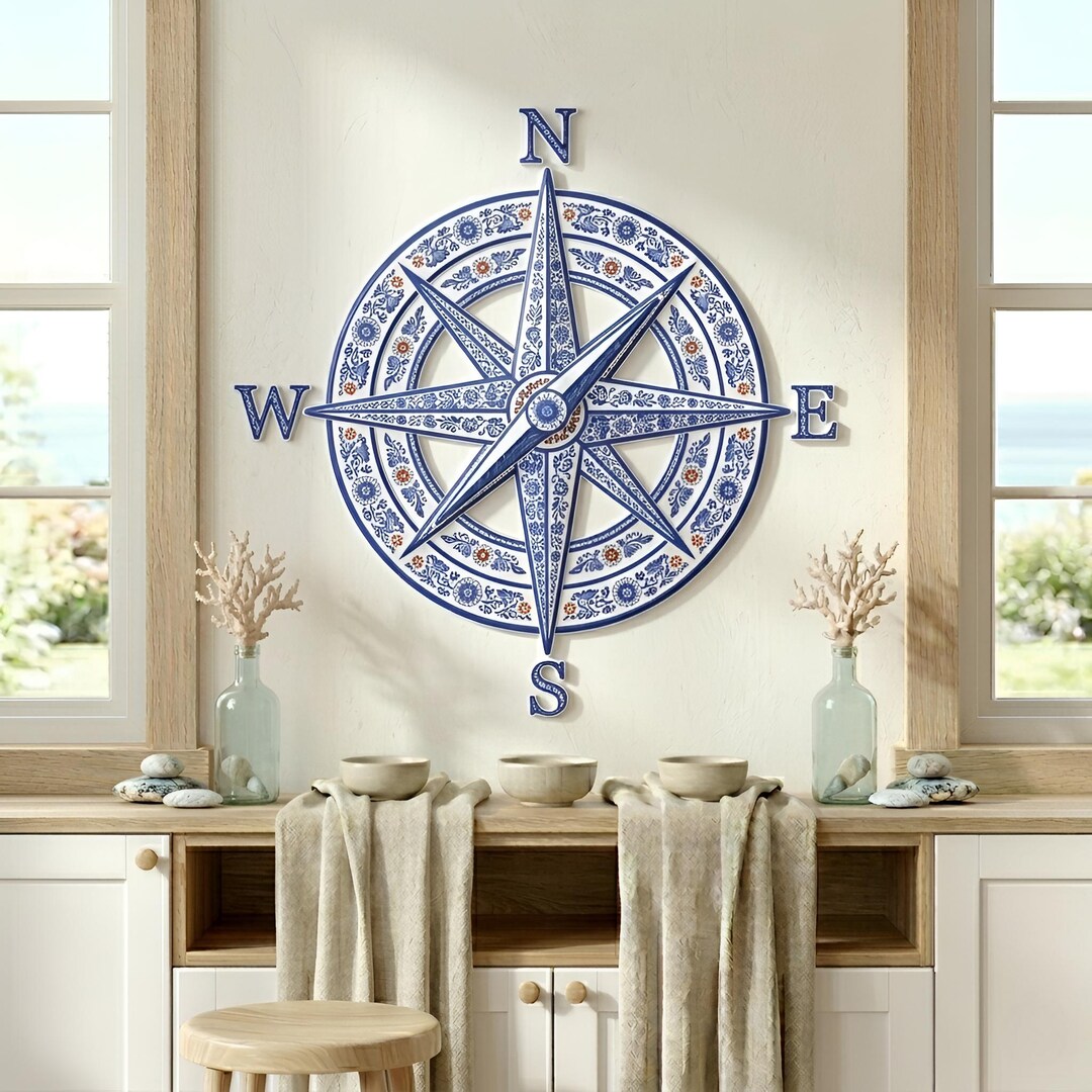 Compass Wall Sample Large Nautical Compass Sculpture, Circular Coastal Wall Art, Blue ...