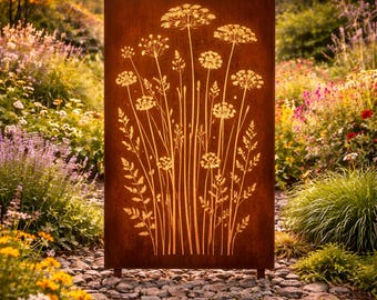Tuinpaneel met wilde bloemen, metalen tuindecoratie met bloemenmotief, bloemenscherm voor buiten, schuttingpaneel met weide-thema