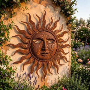 Arte mural de metal con rostro de sol oxidado, adorno de pared con forma de sol con pátina, escultura vintage de sol para exteriores, arte de metal para jardín.