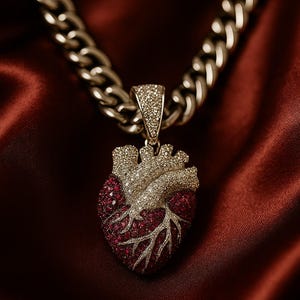 Könnte beinhalten: Eine goldfarbene Halskette mit einem herzförmigen Anhänger. Der Anhänger ist mit roten und klaren Edelsteinen besetzt, mit goldfarbenen Adern. Die Halskette liegt auf einem tiefroten Satinstoff.
