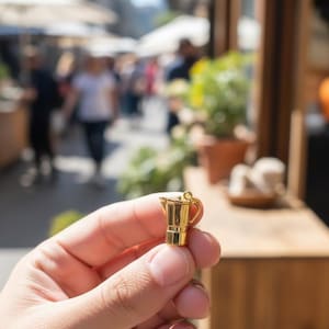 Può includere: Un piccolo ciondolo dorato a forma di caffettiera italiana, una moka. Il ciondolo è tenuto in mano. Lo sfondo è sfocato, suggerendo un ambiente esterno con persone e negozi.