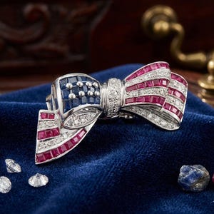 3Ct Princess Lab Created Red Ruby & Diamond American Flag Brooch Pin 14K White Gold Plated