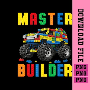 Op de afbeelding: Een kleurrijke afbeelding van een monstertruck gemaakt van speelgoedblokken. De tekst "MASTER BUILDER" staat boven en onder de truck in levendige blokletters. Het ontwerp heeft een zwarte achtergrond.