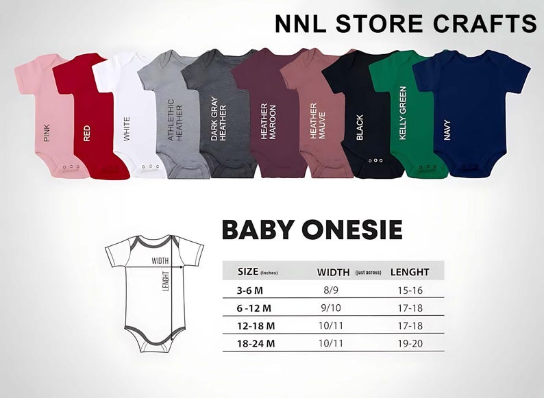 Puede incluir: Una colecci&oacute;n de bodies para beb&eacute;s en varios colores, incluyendo rosa, rojo, blanco, gris, gris oscuro, granate, malva, negro, verde y azul marino. La imagen tambi&eacute;n incluye una tabla de tallas con medidas en pulgadas para el ancho y el largo.