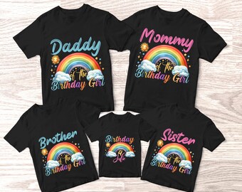 Camisetas familiares personalizadas de arcoíris para niña de cumpleaños, camisetas a juego para papá, mamá, hermano y hermana para fiesta de arcoíris, regalo personalizado de cumpleaños