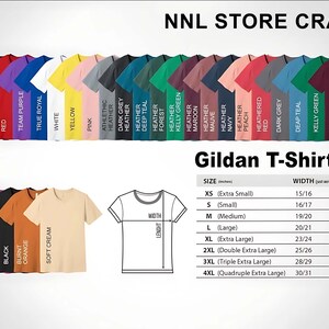 Puede incluir: Una variedad de camisetas Gildan en varios colores, incluyendo menta, marino, rojo y amarillo. La imagen tambi&eacute;n incluye una tabla de tallas con medidas en cm para cada talla, desde XS hasta 4XL. El texto "NNL STORE CRAFTS" est&aacute; en la parte superior.