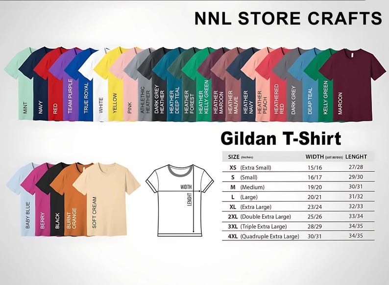 Puede incluir: Una variedad de camisetas Gildan en varios colores, incluyendo menta, marino, rojo y amarillo. La imagen tambi&eacute;n incluye una tabla de tallas con medidas en cm para cada talla, desde XS hasta 4XL. El texto "NNL STORE CRAFTS" est&aacute; en la parte superior.
