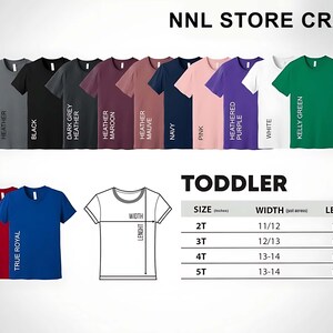 Puede incluir: Exhibici&oacute;n de camisetas para ni&ntilde;os peque&ntilde;os en varios colores, incluyendo rojo, azul y verde, con el texto "NNL STORE CRAFTS" en la parte superior. Una tabla de tallas muestra las medidas en cm de ancho y largo para las tallas 2T a 5T.