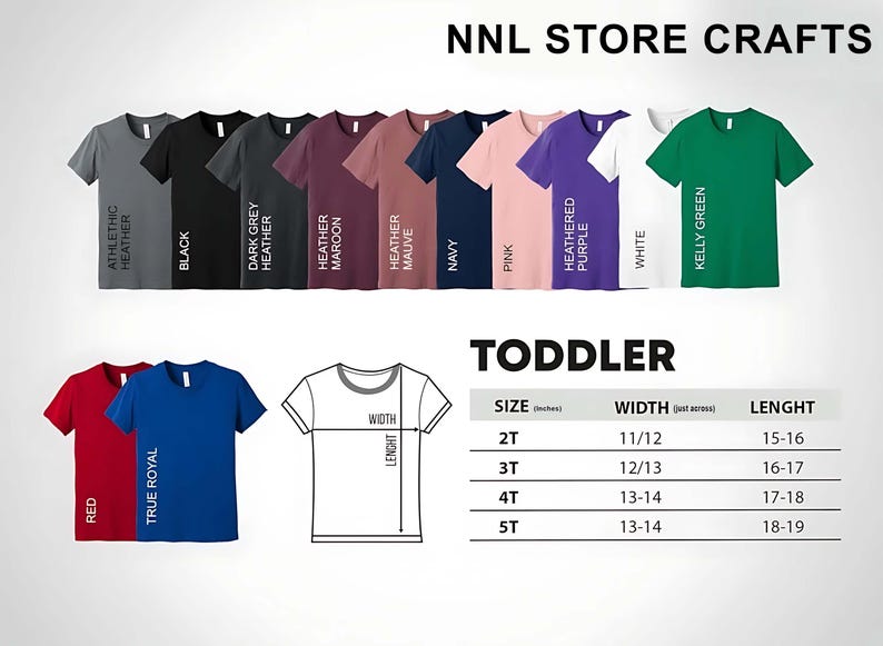 Puede incluir: Exhibici&oacute;n de camisetas para ni&ntilde;os peque&ntilde;os en varios colores, incluyendo rojo, azul y verde, con el texto "NNL STORE CRAFTS" en la parte superior. Una tabla de tallas muestra las medidas en cm de ancho y largo para las tallas 2T a 5T.