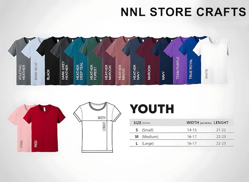 Puede incluir: Una variedad de camisetas juveniles en varios colores, incluyendo rosa, rojo y varios tonos de azul, verde y morado. La imagen tambi&eacute;n incluye una tabla de tallas con medidas en pulgadas para el ancho y el largo.