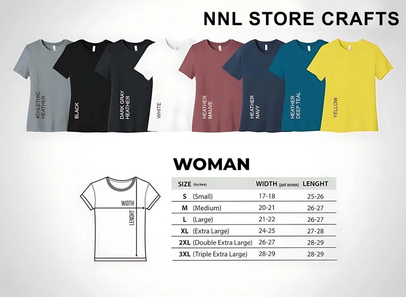 Puede incluir: Una variedad de camisetas de mujer en diferentes colores, incluyendo gris, negro, blanco, malva, azul marino, verde azulado y amarillo. La imagen tambi&eacute;n incluye una tabla de tallas con medidas en pulgadas y el texto "NNL STORE CRAFTS".