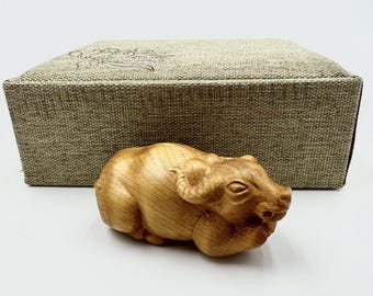 Hand Carved Wood Bull Figurine, Modern Room Decor