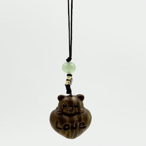 Handmade Wooden Carved Bear Suitable for Key Chain Bag Pendant,Phone Lanyard Chain,Hand-Carved Wood Love Bear Sculpture Ornament.