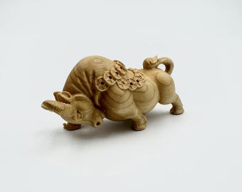 Hand-Carved Wooden Bull Figurine, Home Office Decor Art
