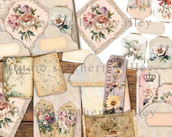 Shabby Chic Journal Kit, Vintage Floral Collage, Labels, Tags, Inserts, ATC Card, Ephemera, Scrapbooking, Printable Paper, Instant Download