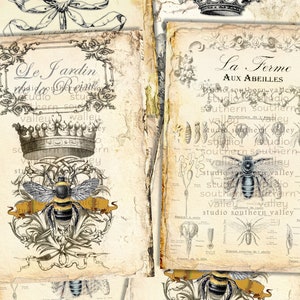 Bee Journal Vintage Sepia French Bee Collage, Frames, Crown, Wreath, Floral, French Script, Labels, Tags, Scrapbooking, Instant Download