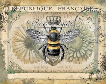 Junk Journal Vintage Printable French Post Card, Floral Collage, Insects, Birds, Bees, Ephemera, Instant Download, Scrapbooking