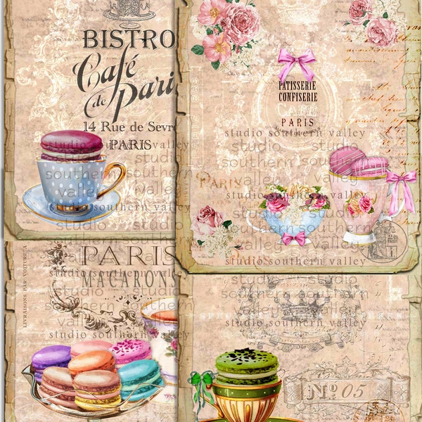 French Cafe Journal Pages and Tags, Macarons, Bistro Patisserie, Chocolate, Cups, Roses, Scrapbooking, Printable Journal,, Instant Download