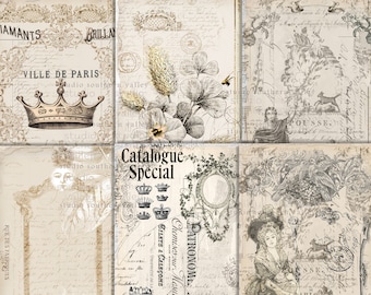 Junk Journal Vintage French Ephemera Prints, Invoices, Script, Butterfly, Floral, Crown, Tags, Printable ATC, Scapbooking, Digital Download