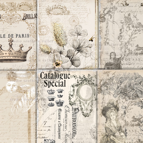 Junk Journal Vintage French Ephemera Prints, Invoices, Script, Butterfly, Floral, Crown, Tags, Printable ATC, Scapbooking, Digital Download