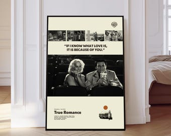 True Romance Poster, Retro Movie Print, Mid-Century Modern Art, Minimalist Print, Black and White Poster, Gift for Him