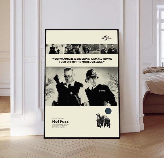 Hot Fuzz Movie Poster, Hot Fuzz Poster, Mid century Art, Retro Modern Poster, Black And White Poster, Vintage Movie Poster, Gift for him