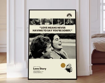 Póster de la película Love Story, lámina de cine clásico, arte moderno de mediados de siglo, lámina minimalista, arte de pared vintage, regalo para él.