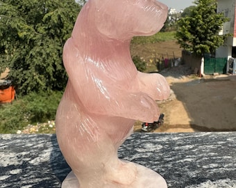 Rose Quartz Crystal Bear | Carved Stone Animal Sculpture