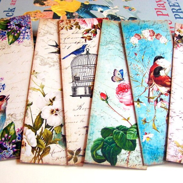 Bookmarks - Vintage Shabby Chic Garden Flowers And Birds Butterfly Birdcage Swallow In Flight Roses - Set Of 6 Small Paper Bookmarks