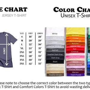 May include: A size and color chart for unisex jersey t-shirts. The size chart shows chest and length measurements in inches, ranging from size S to 5XL. The color chart displays a variety of colors, including white, black, and various shades of blue, green, and red.
