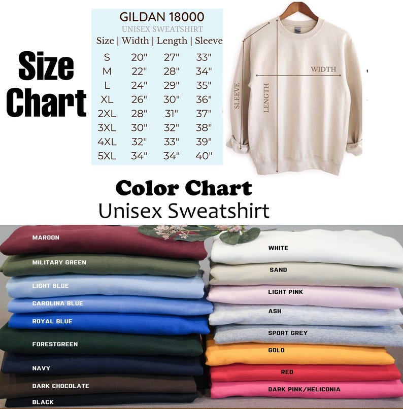 May include: A Gildan 18000 unisex sweatshirt in sand color hangs on a hanger. The image includes a size chart with measurements in inches and a color chart showing various sweatshirt colors like maroon, navy, and light blue.