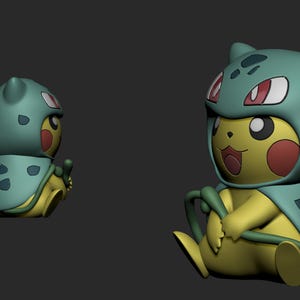 Bulbasaur Pikachu Cosplay STL 3D printed figure, close-up detail