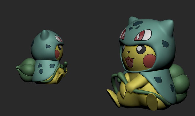 Bulbasaur Pikachu Cosplay STL 3D printed figure, close-up detail
