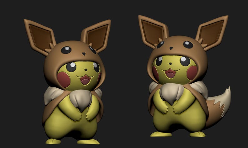 Eevee Pikachu Cosplay STL 3D printed figure, close-up detail