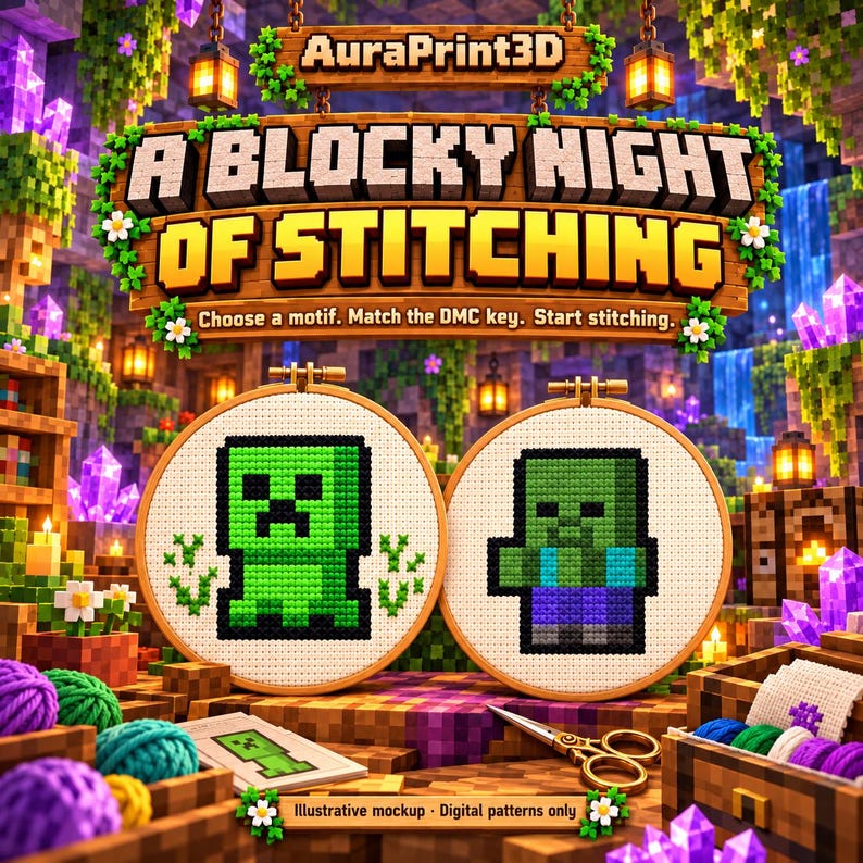 Illustrative Minecraft underground crafting nook with amethyst crystals, lanterns and creeper and zombie embroidery hoops. AuraPrint3D numbered DMC cross stitch patterns. Decorative scenery is not included; digital patterns only.