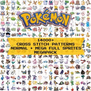 Pokemon Cross Stitch Megapack cover - 14,000+ patterns, full National Pokedex Generations 1-9, Mega and Gigantamax forms