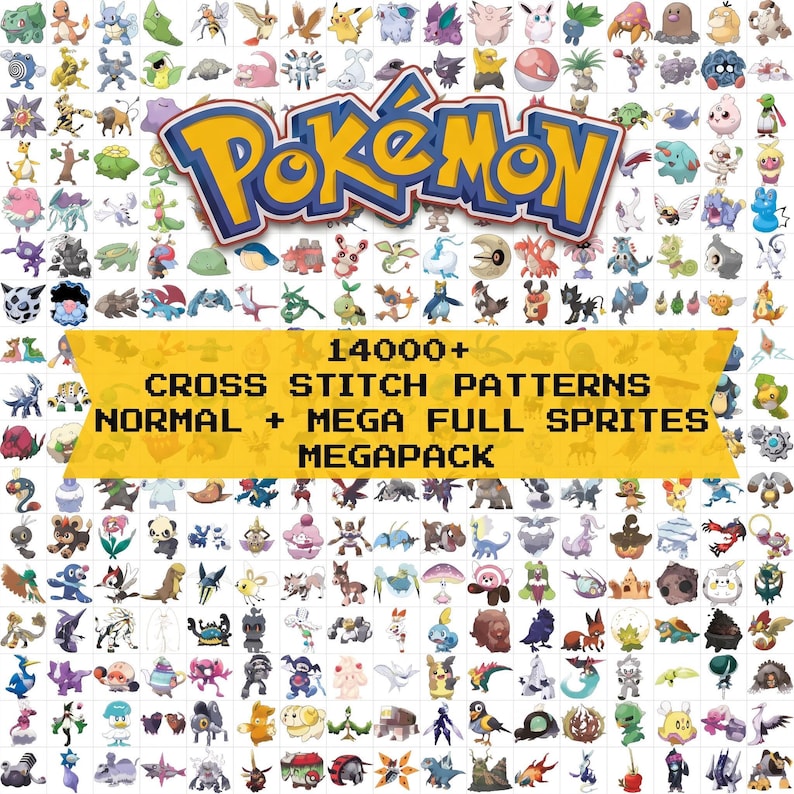 Pokemon Cross Stitch Megapack cover - 14,000+ patterns, full National Pokedex Generations 1-9, Mega and Gigantamax forms