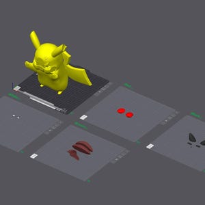 Pikachu STL split into white, red, brown and black colour parts for multicolour 3D printing