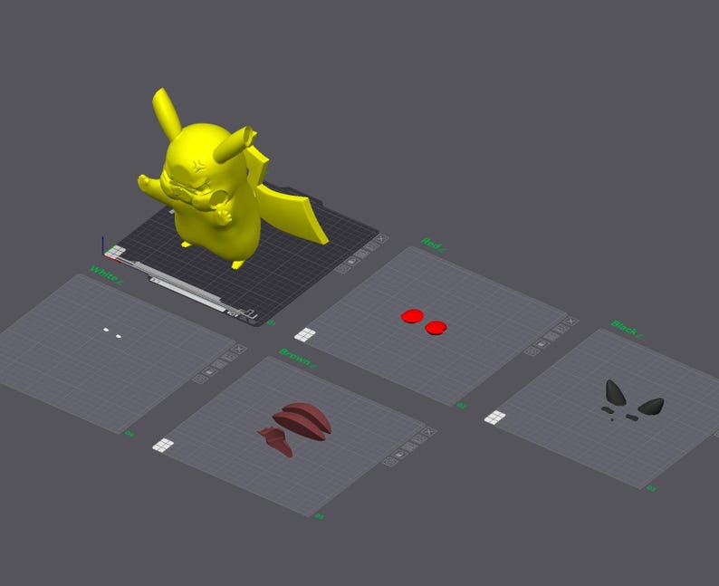 Pikachu STL split into white, red, brown and black colour parts for multicolour 3D printing