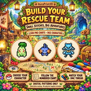 Build Your Rescue Team: three illustrated embroidery hoops showing Chikorita, Mudkip and Riolu motifs in a woodland explorer camp. Choose a character, follow its numbered chart and match DMC thread. Digital patterns only; illustrative mockup, no physical supplies.