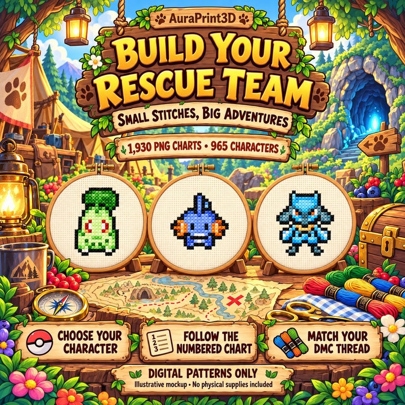 Build Your Rescue Team: three illustrated embroidery hoops showing Chikorita, Mudkip and Riolu motifs in a woodland explorer camp. Choose a character, follow its numbered chart and match DMC thread. Digital patterns only; illustrative mockup, no physical supplies.