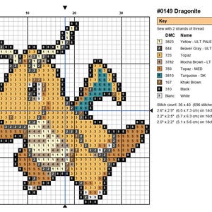 Dragonite Pokemon cross stitch pattern chart with DMC color key