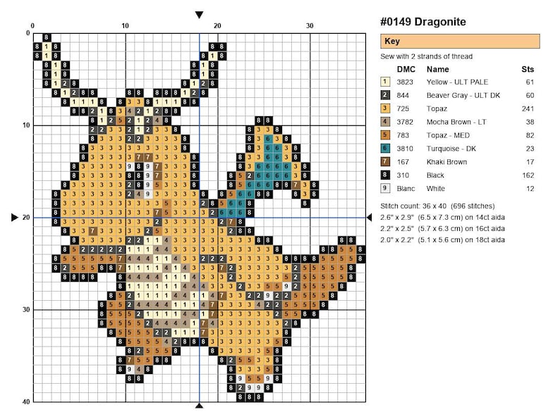 Dragonite Pokemon cross stitch pattern chart with DMC color key
