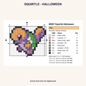 Squirtle Halloween Pokemon cross stitch PNG chart showing numbered stitches, DMC floss key, stitch count and finished sizes for 14, 16 and 18 count Aida.