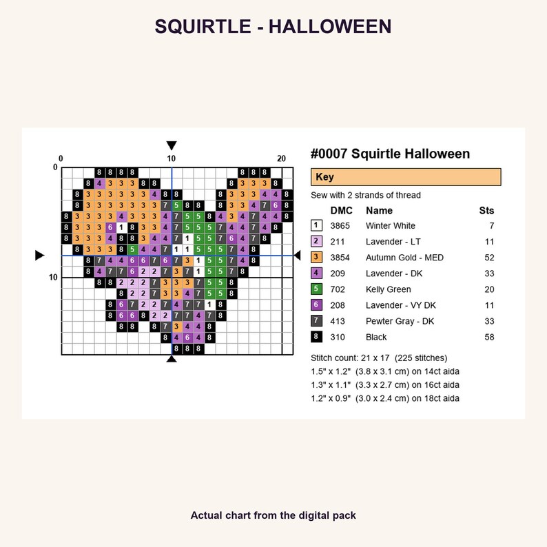 Squirtle Halloween Pokemon cross stitch PNG chart showing numbered stitches, DMC floss key, stitch count and finished sizes for 14, 16 and 18 count Aida.