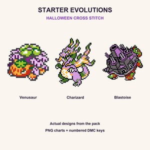 Halloween Pokemon cross stitch designs: Venusaur, Charizard, Blastoise. Actual pack previews with purple and orange palettes.