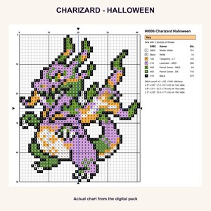 Charizard Halloween Pokemon cross stitch PNG chart showing numbered stitches, DMC floss key, stitch count and finished sizes for 14, 16 and 18 count Aida.