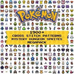 Pokemon Mystery Dungeon cross stitch collage cover: 1900+ numbered PNG charts with DMC colour keys. Actual included pixel sprites on a white tiled background, Pokemon logo and yellow megapack banner. Digital patterns.