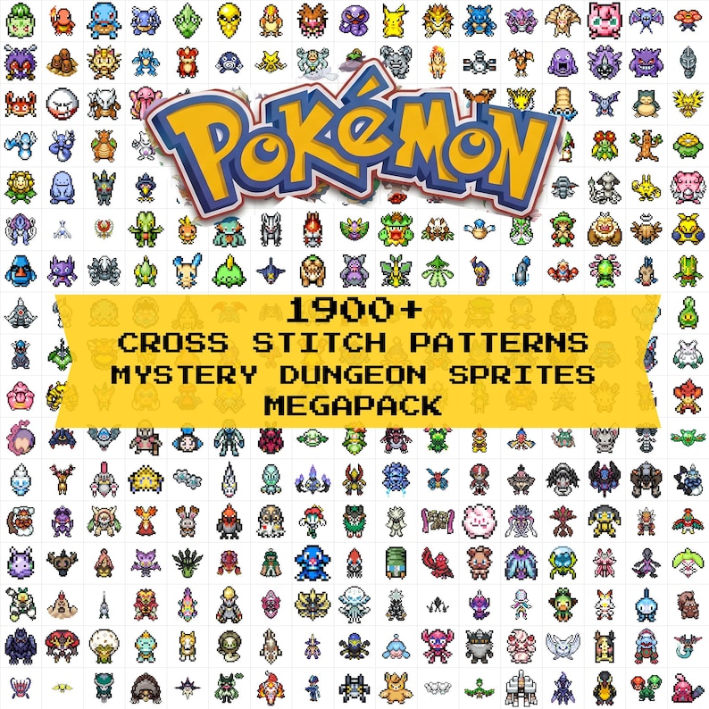 Pokemon Mystery Dungeon cross stitch collage cover: 1900+ numbered PNG charts with DMC colour keys. Actual included pixel sprites on a white tiled background, Pokemon logo and yellow megapack banner. Digital patterns.