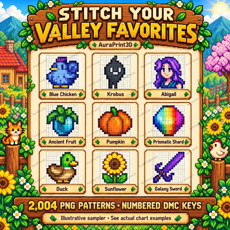 Illustrative Stardew Valley sampler with blue chicken, Krobus, Abigail, crops, gems and sword motifs. Not a photograph of finished embroidery.